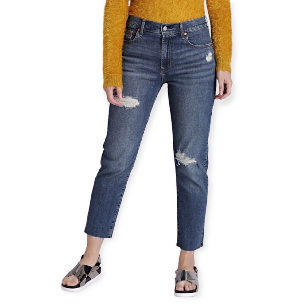 🔃Gap High Rise Girlfriend Medium Indigo Wash Raw Hem Distressed Jeans